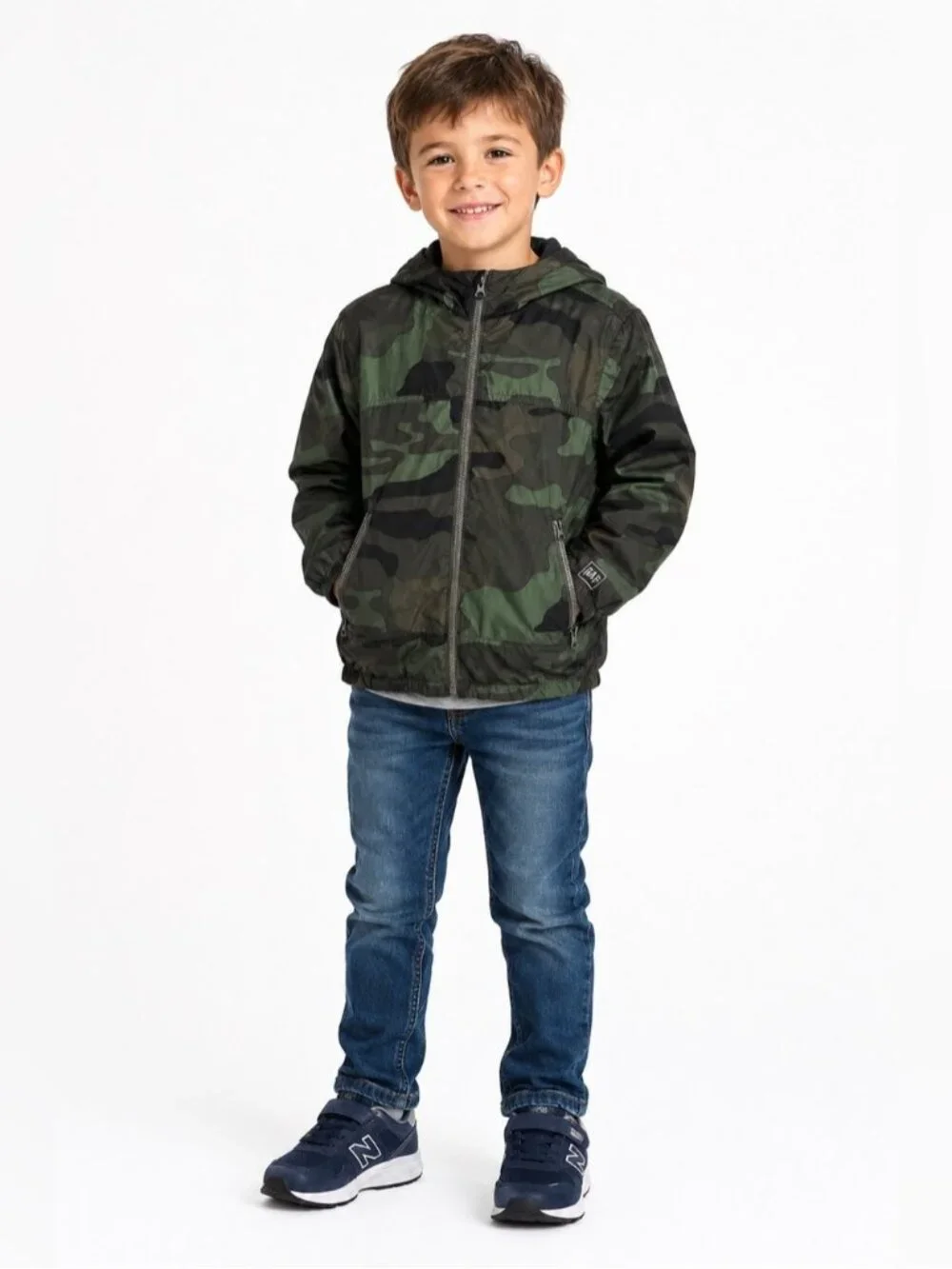 Gap Kids Green Camo Lined Windbreaker Zip Up Jacket Hood Boys Size Medium Spring